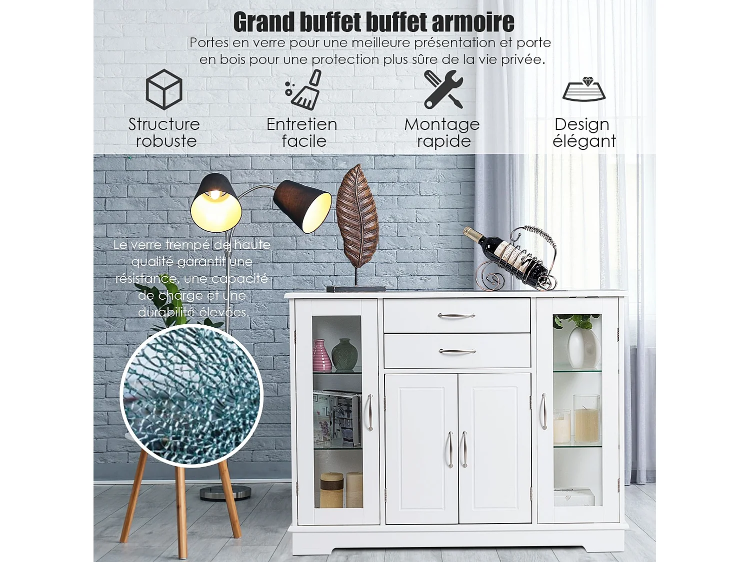 Buffet de Cuisine, Meuble de Rangement avec 2 Tiroirs, 2 Portes Simples en Verre Trempé et 1 Porte à La Française, Armoire pour Cuisine et Salon 107 x 30 x 82 CM (Blanc)