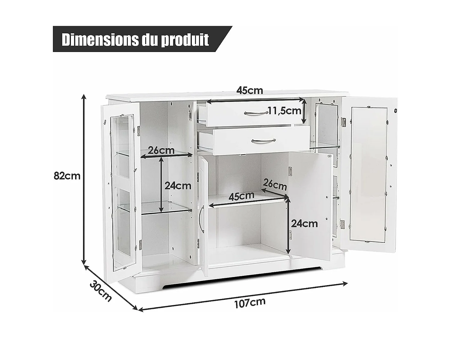 Buffet de Cuisine, Meuble de Rangement avec 2 Tiroirs, 2 Portes Simples en Verre Trempé et 1 Porte à La Française, Armoire pour Cuisine et Salon 107 x 30 x 82 CM (Blanc)