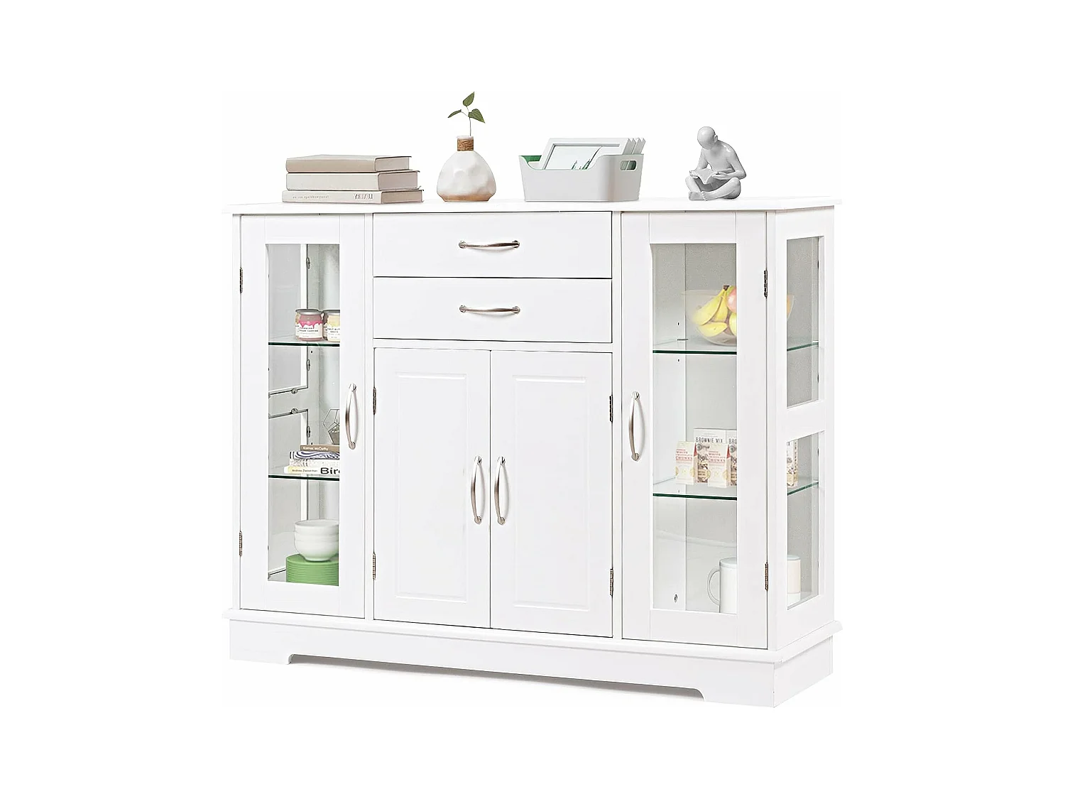 Buffet de Cuisine, Meuble de Rangement avec 2 Tiroirs, 2 Portes Simples en Verre Trempé et 1 Porte à La Française, Armoire pour Cuisine et Salon 107 x 30 x 82 CM (Blanc)