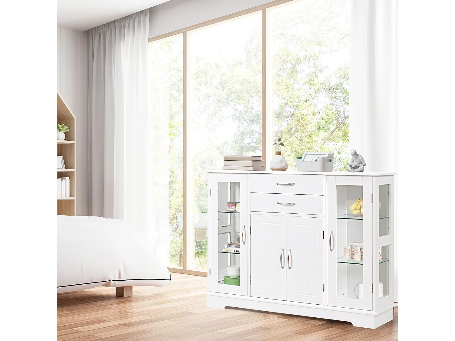 Keukendressoir, opbergkast met 2 laden, 2 enkele deuren van gehard glas en 1 Franse deur, kast voor keuken en woonkamer 107 x 30 x 82 CM (wit)