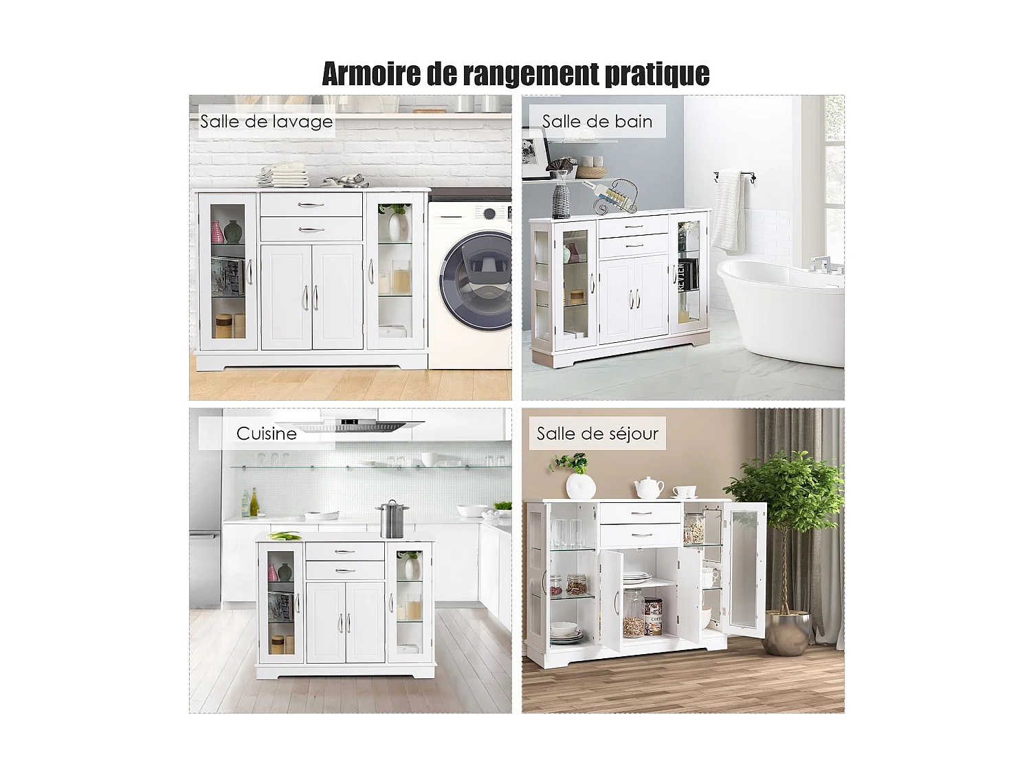 Keukendressoir, opbergkast met 2 laden, 2 enkele deuren van gehard glas en 1 Franse deur, kast voor keuken en woonkamer 107 x 30 x 82 CM (wit)