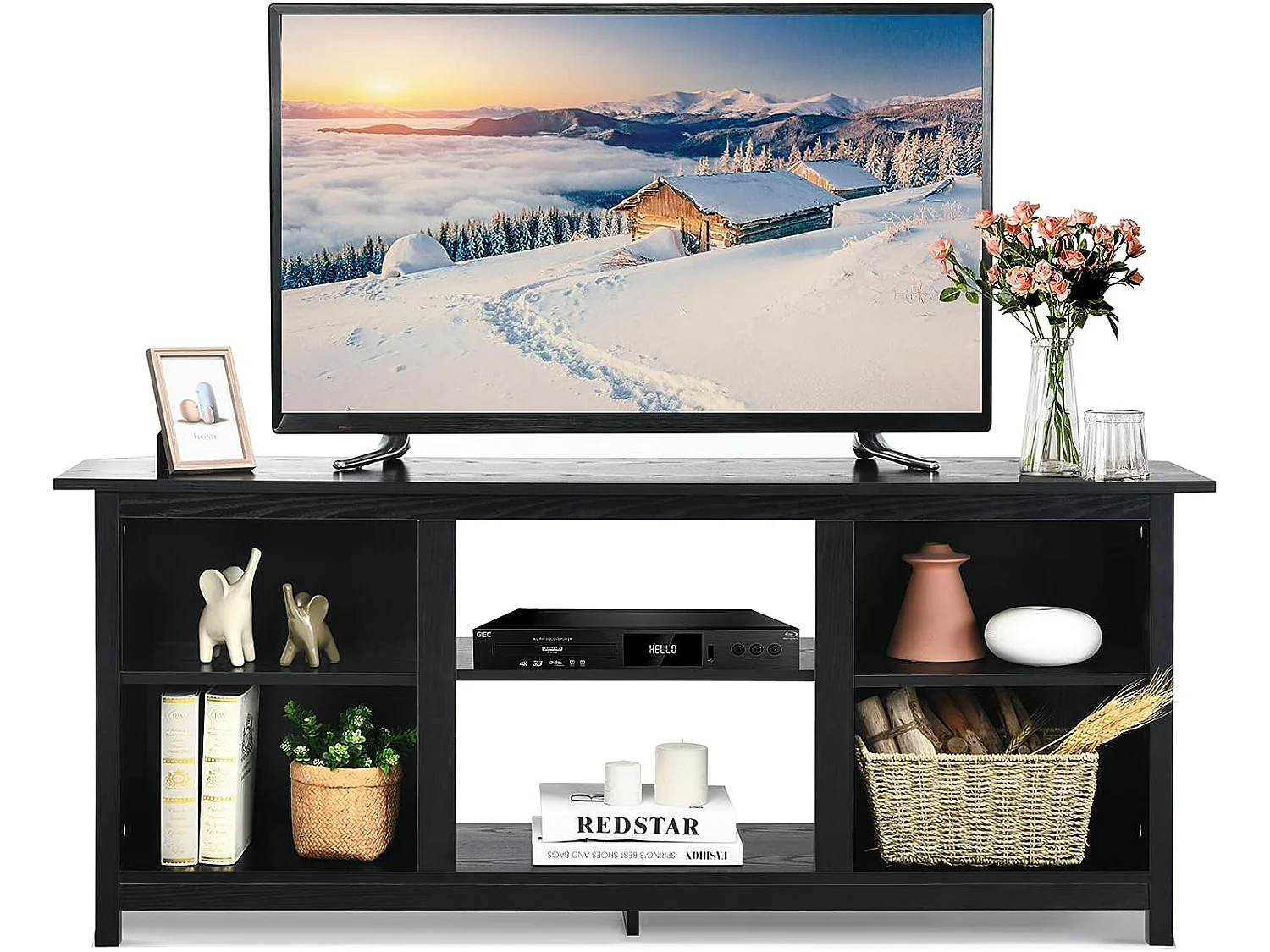 Meuble tv, support de télévision 147 cm avec 2 niveaux pour tv jusqu'à 65 pouce noir