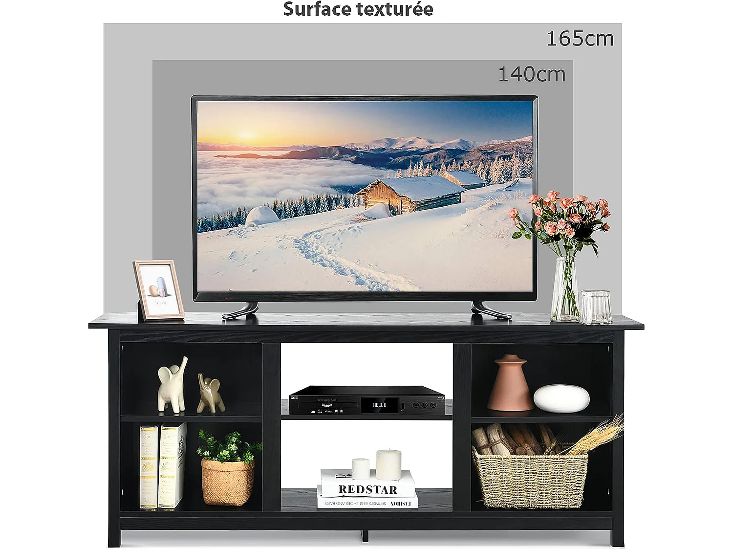 Meuble tv, support de télévision 147 cm avec 2 niveaux pour tv jusqu'à 65 pouce noir