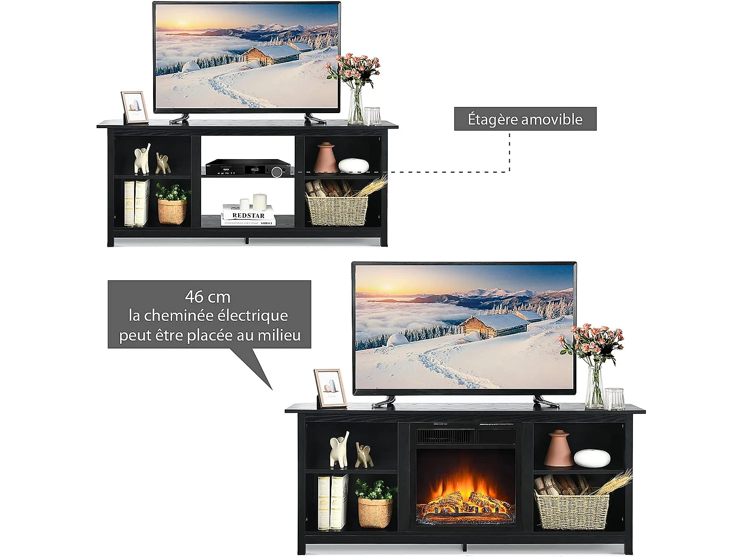 Meuble tv, support de télévision 147 cm avec 2 niveaux pour tv jusqu'à 65 pouce noir