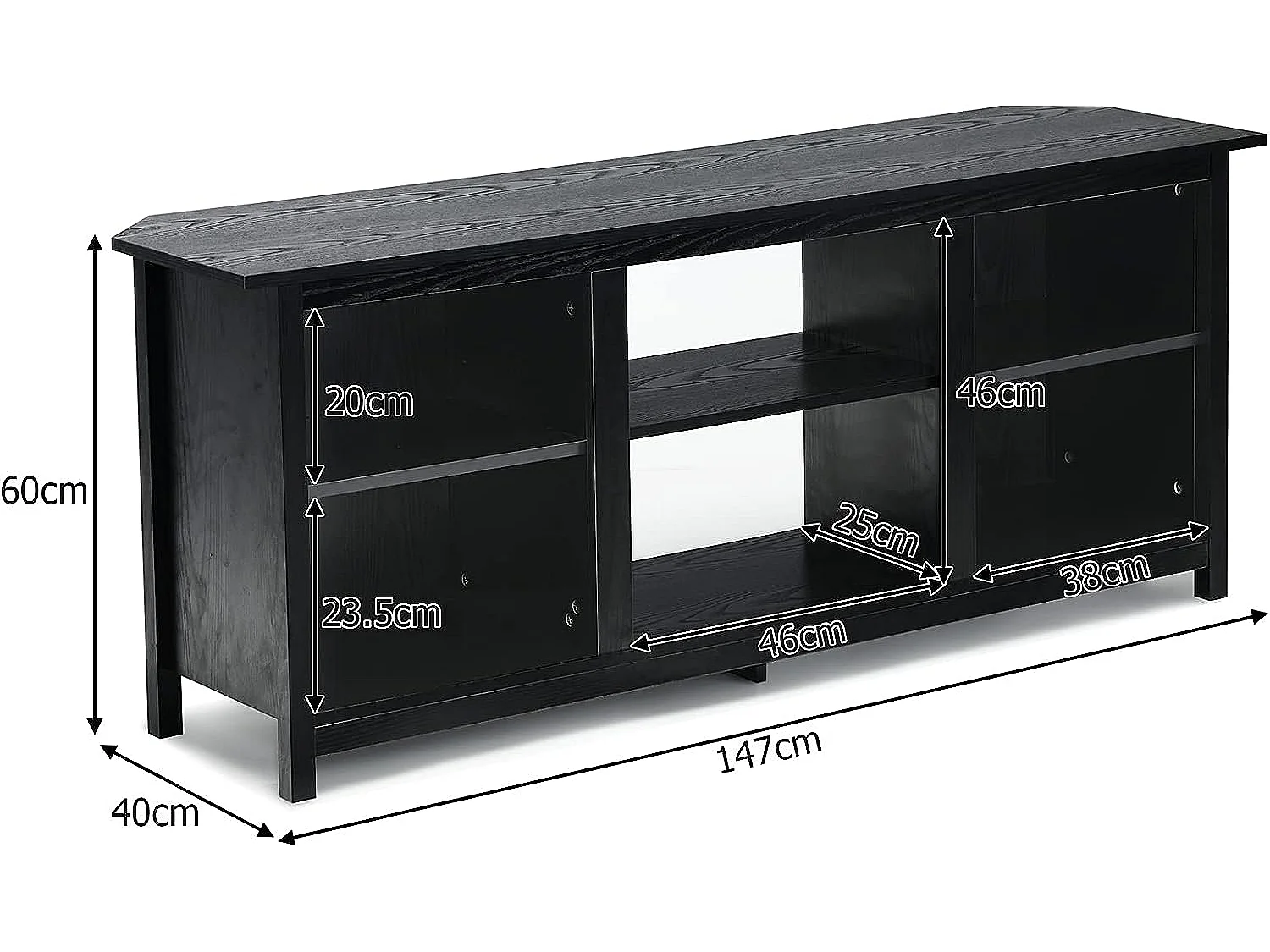 Meuble tv, support de télévision 147 cm avec 2 niveaux pour tv jusqu'à 65 pouce noir