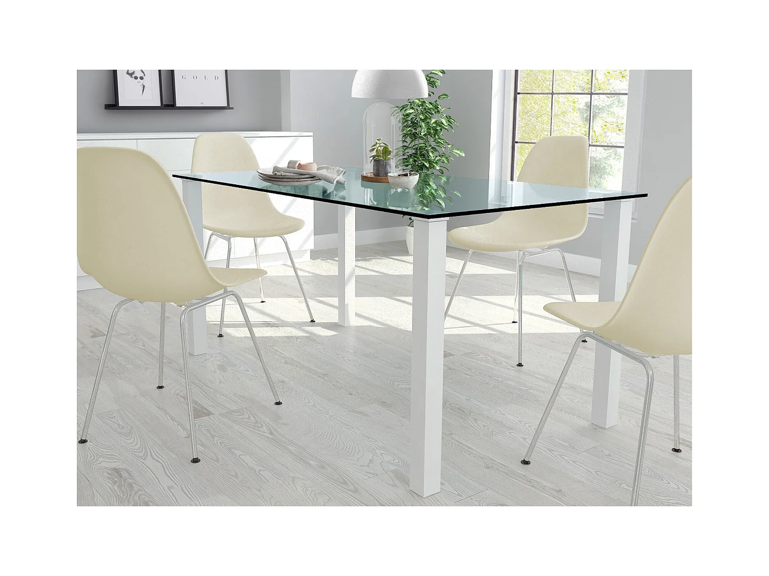 Norma | Mesa de jantar 160x90 cm com tampo de vidro e pernas brancas