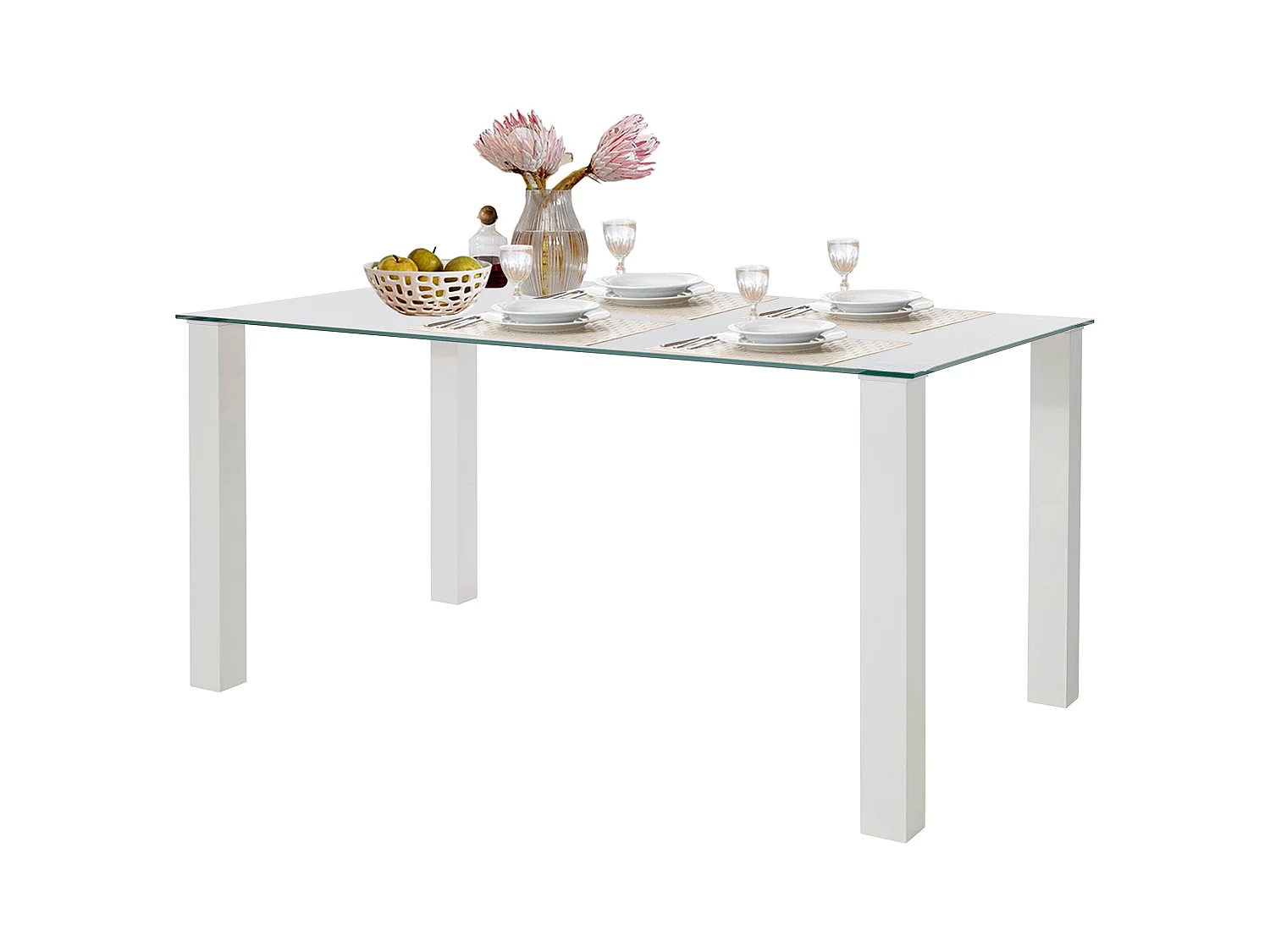 Norma | Mesa de jantar 160x90 cm com tampo de vidro e pernas brancas
