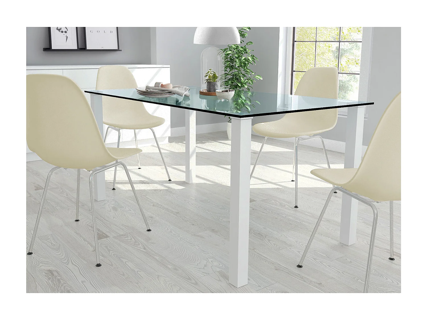 Norma | Eettafel 160x90 cm met Glazen Blad / Witte Poten