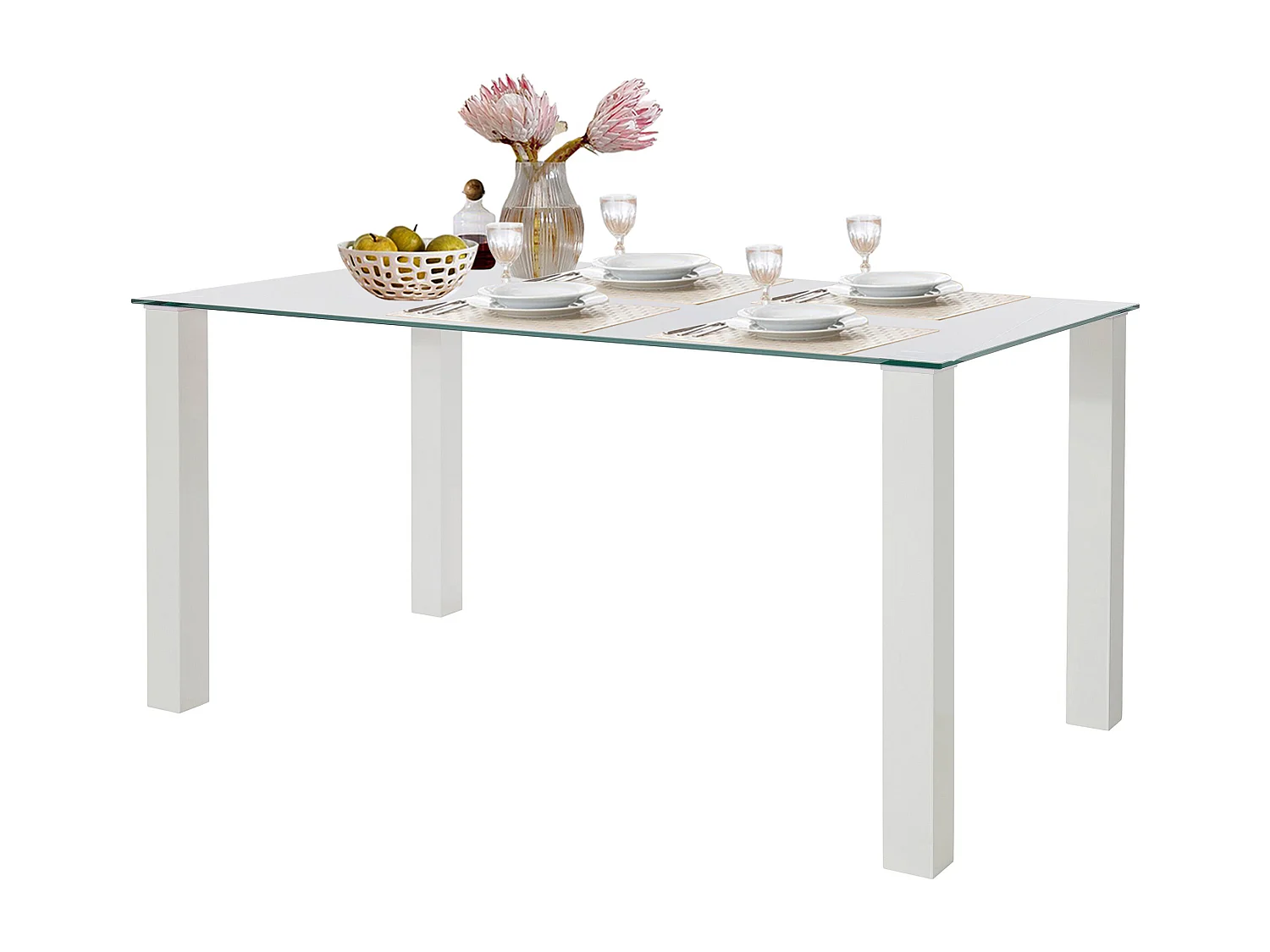 Norma | Eettafel 160x90 cm met Glazen Blad / Witte Poten