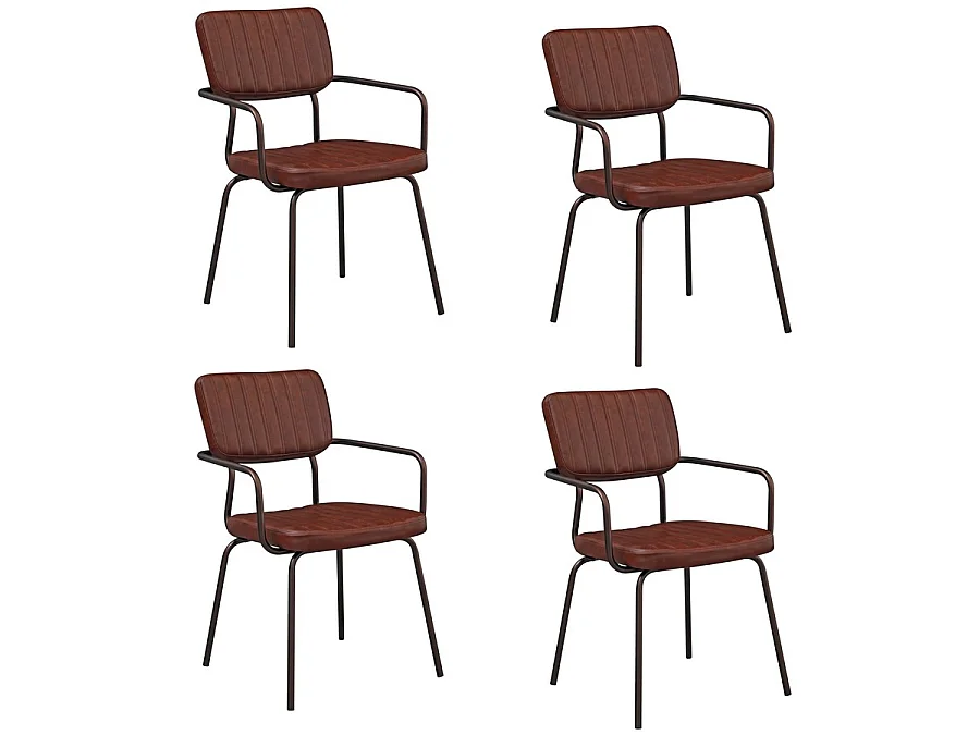 WeHome - Set van 4 industriële binnenstoelen bekleed met bruin ecoleer met armleuningen