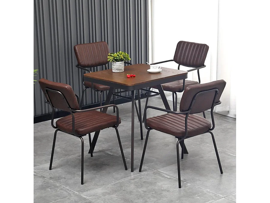 WeHome - Set van 4 industriële binnenstoelen bekleed met bruin ecoleer met armleuningen