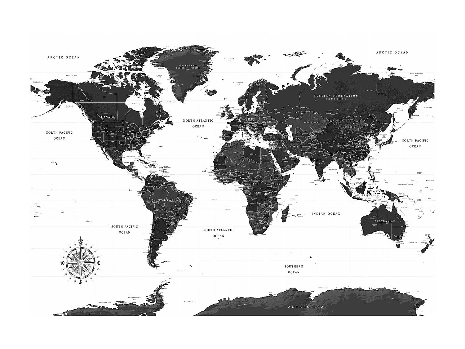 Papier peint Carte du monde en noir et blanc - 350 x 245 cm