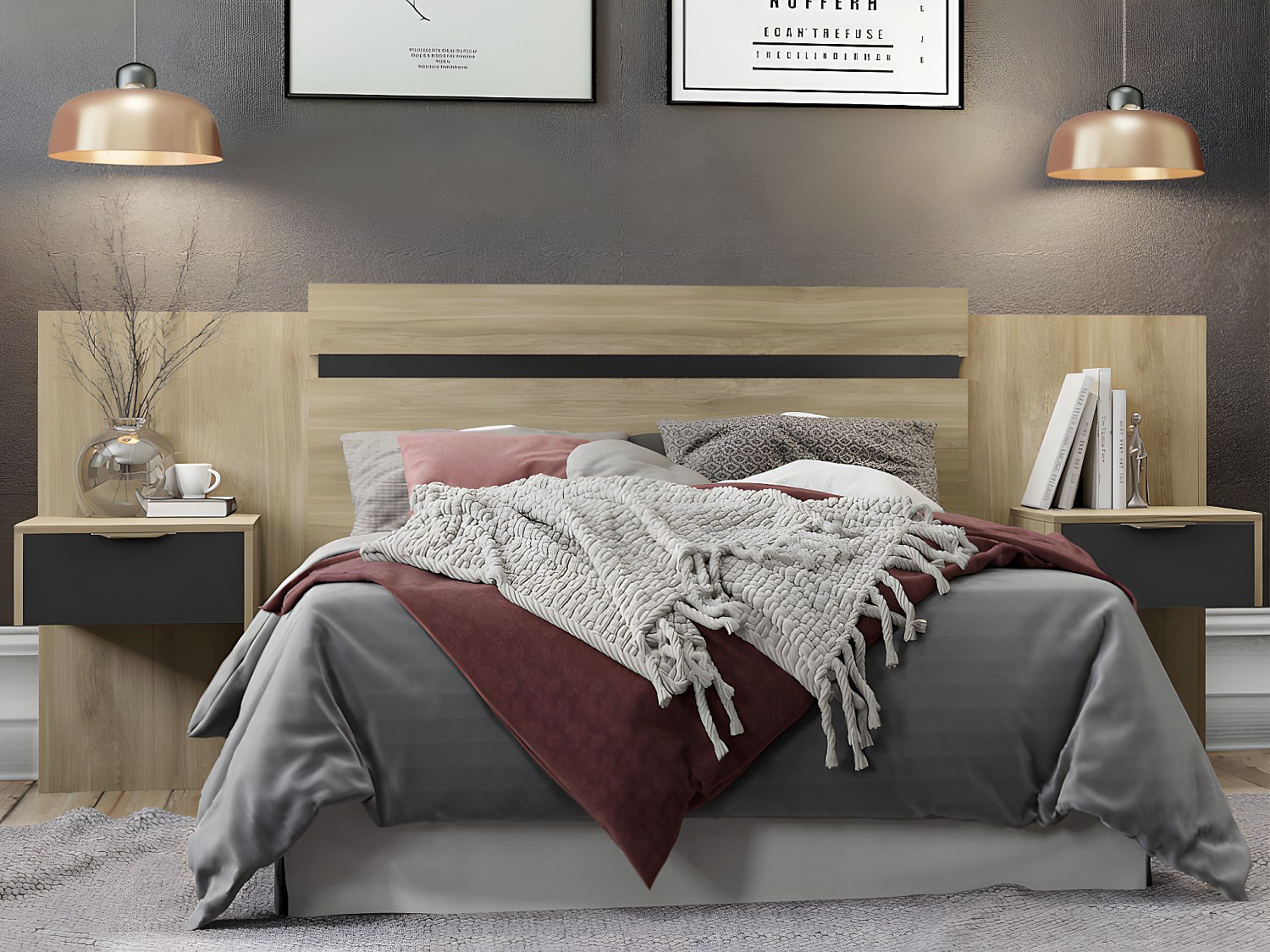 Vente-unique Bettkopfteil Ausziehbar Mit Integrierten Nachttischen - 140/160 Cm - Naturfarben & Schwarz - Parati