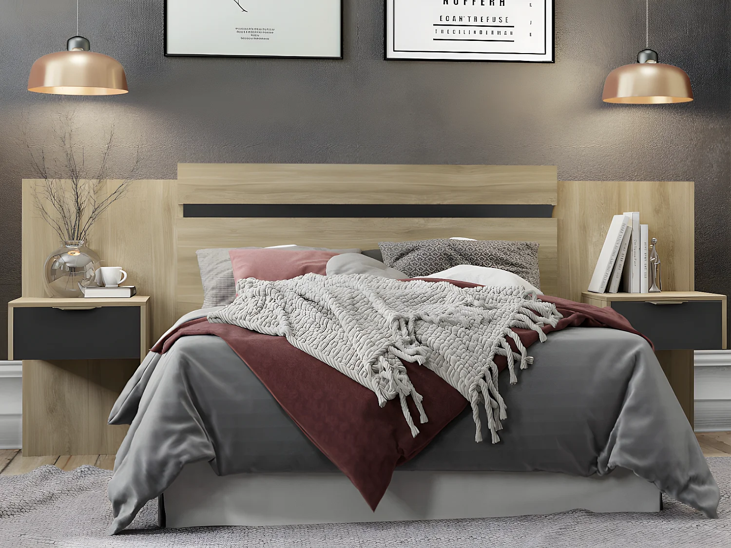 Tête de lit extensible avec chevets  - 140/160 cm - Coloris : Naturel et noir - PARATI