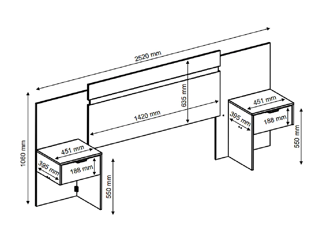 Tête de lit extensible avec chevets  - 140/160 cm - Coloris : Naturel et noir - PARATI