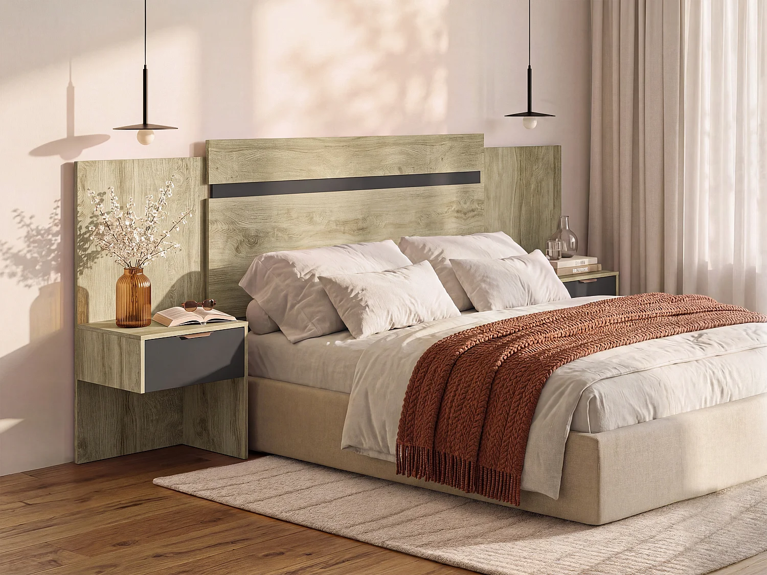 Testata letto allungabile con comodini 140/160 cm Naturale e Nero - PARATI
