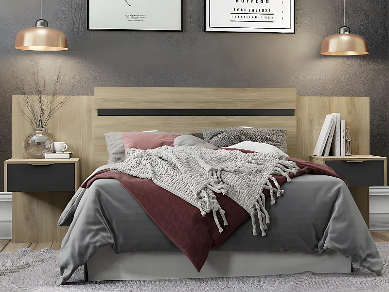 Tête de lit extensible avec chevets  - 140/160 cm - Coloris : Naturel et noir - PARATI