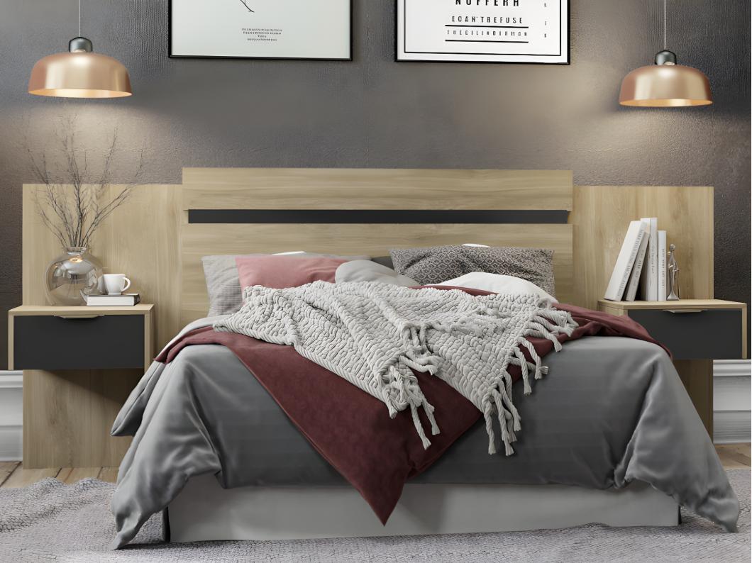 Tête de lit extensible avec chevets  - 140/160 cm - Coloris : Naturel et noir - PARATI