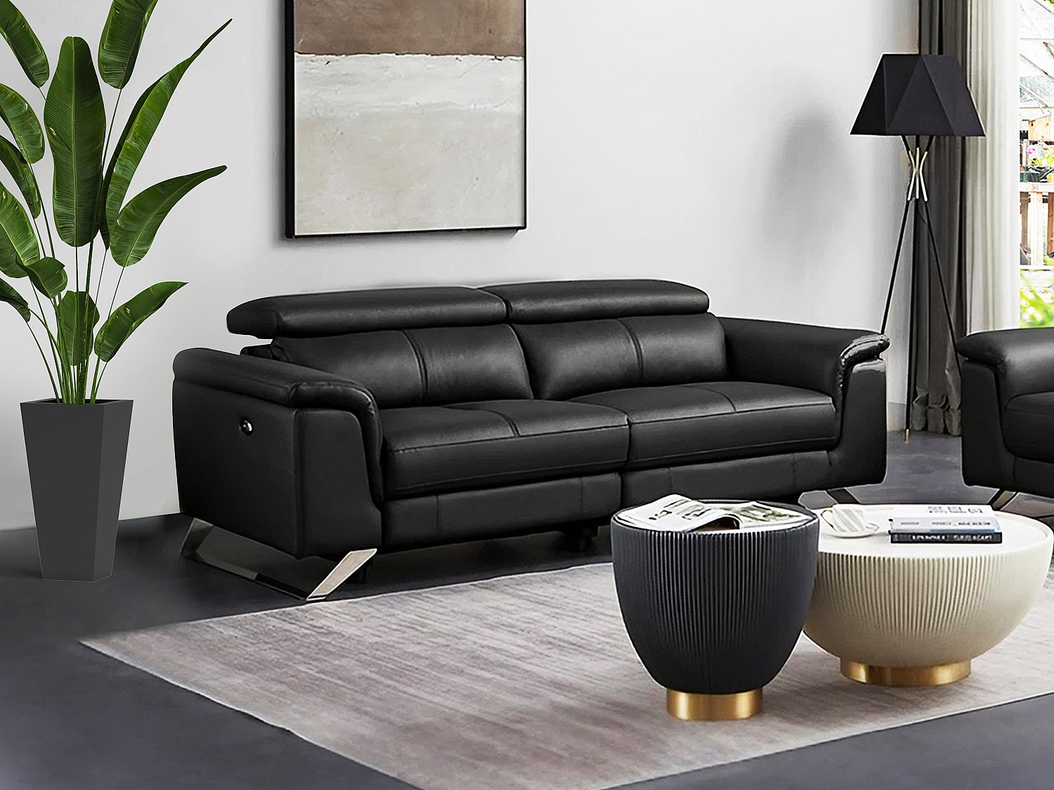 Relaxsofa 3-Sitzer elektrisch - Rindsleder - Schwarz - BREYT II günstig online kaufen