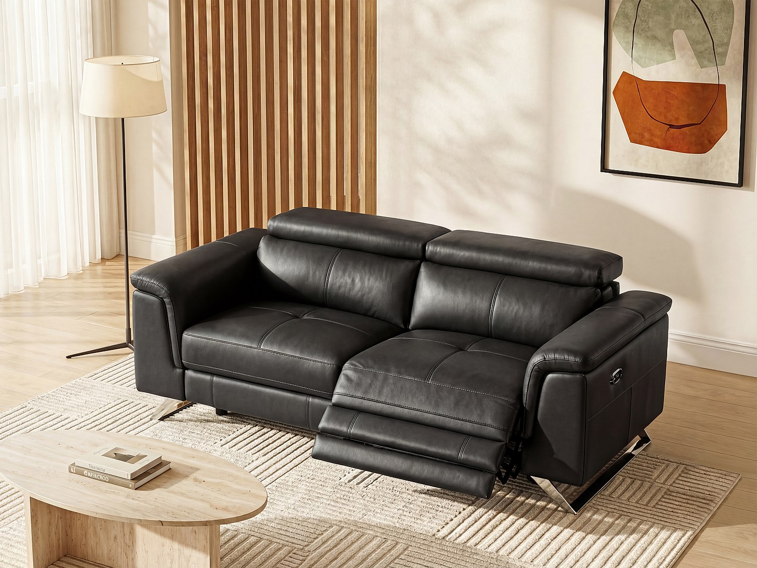Vente-unique Relaxsofa 3-Sitzer elektrisch - Rindsleder - Schwarz - BREYT II 1636195