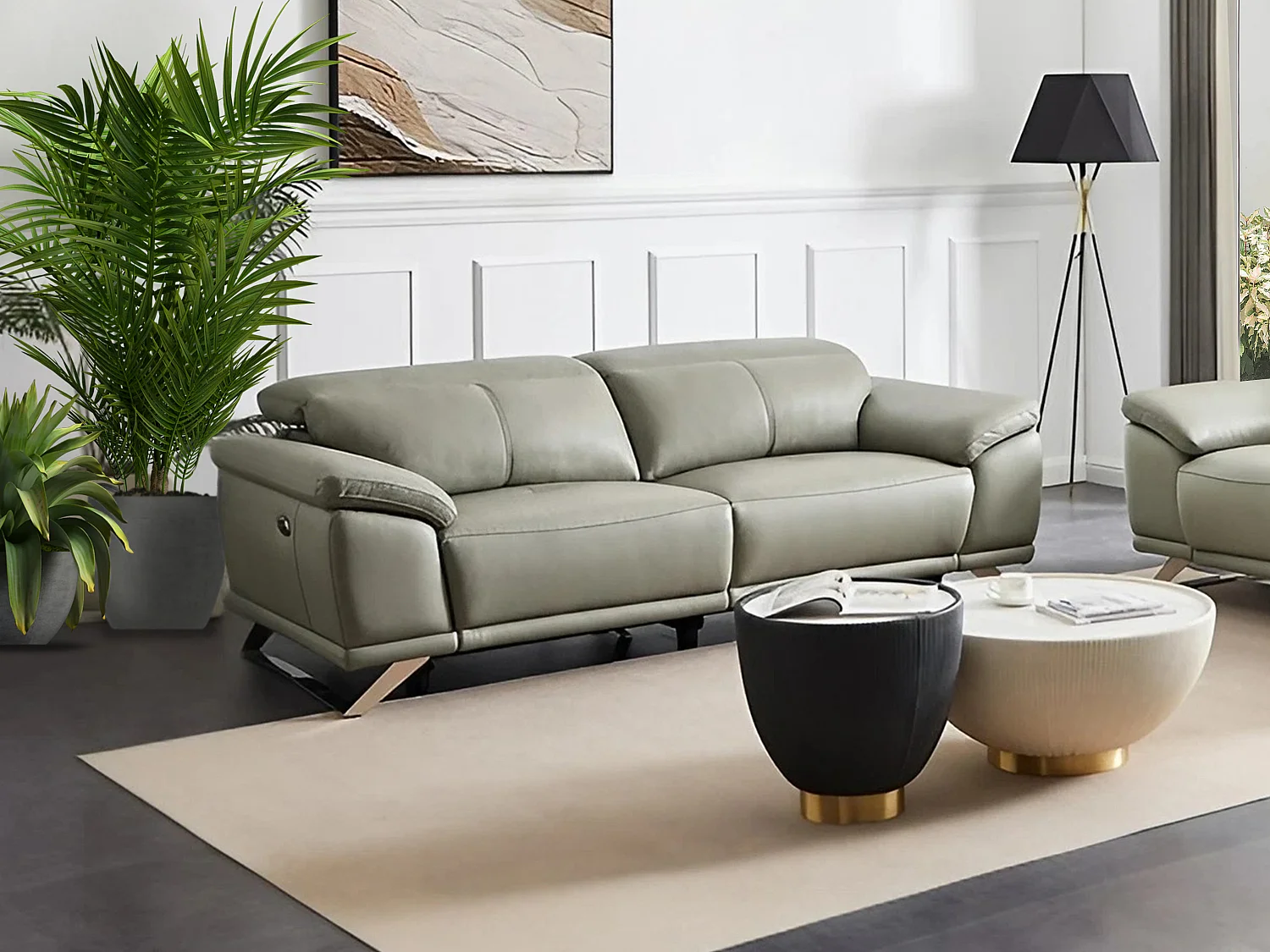 Sofá de 3 lugares articulado elétrico em pele de vaca cinzento-claro - AZIDEE II