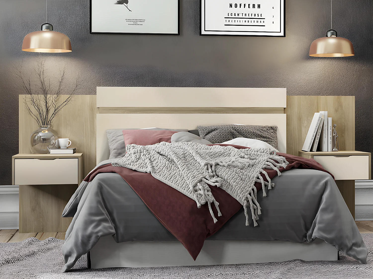 Tête de lit extensible avec chevets  - 140/160 cm - Coloris : Naturel et ivoire - PARATI