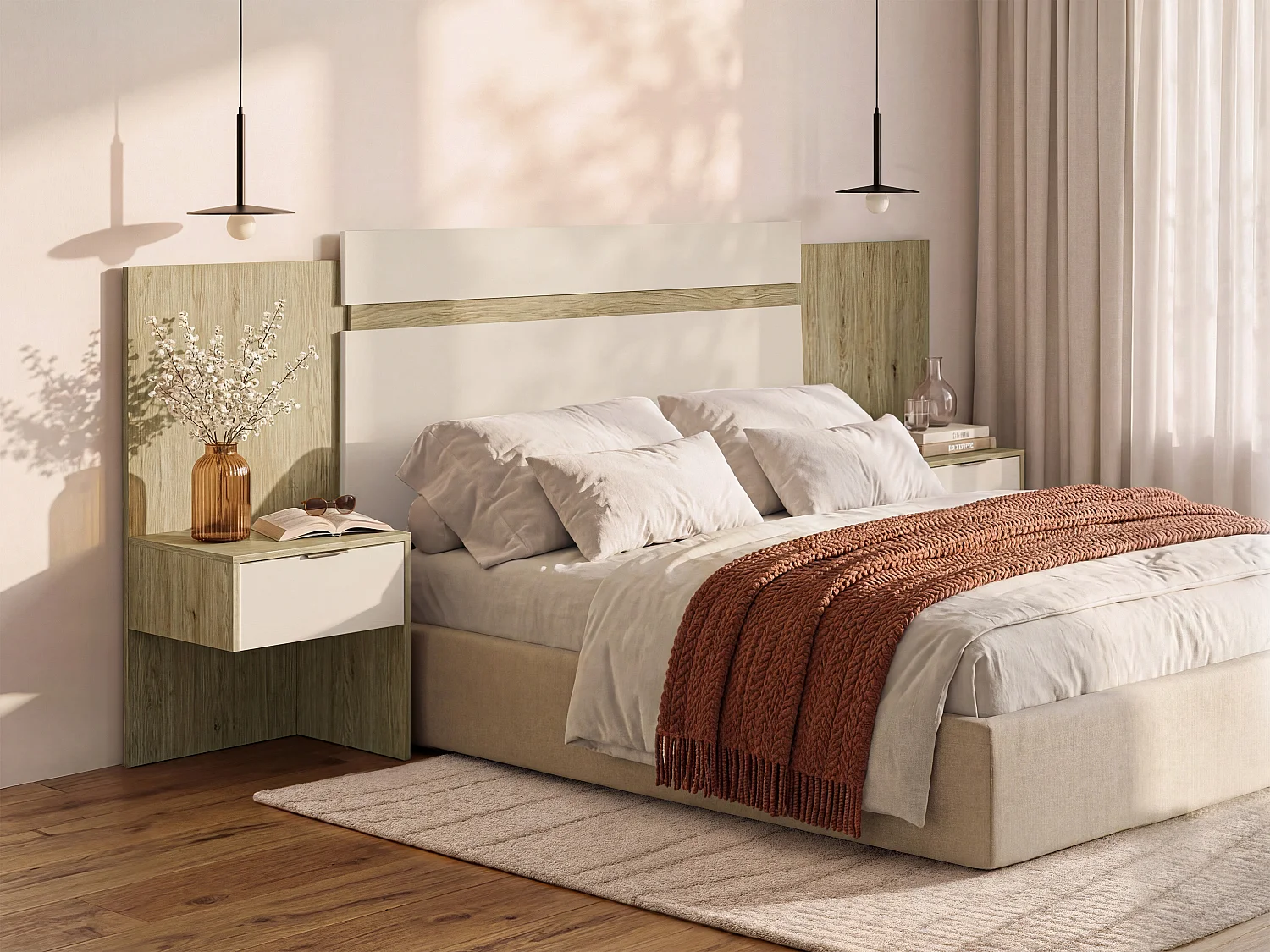 Testata letto allungabile con comodini 140/160 cm Naturale e Panna - PARATI