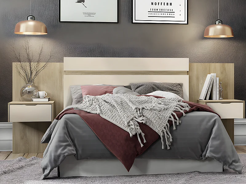 Tête de lit extensible avec chevets  - 140/160 cm - Coloris : Naturel et ivoire - PARATI