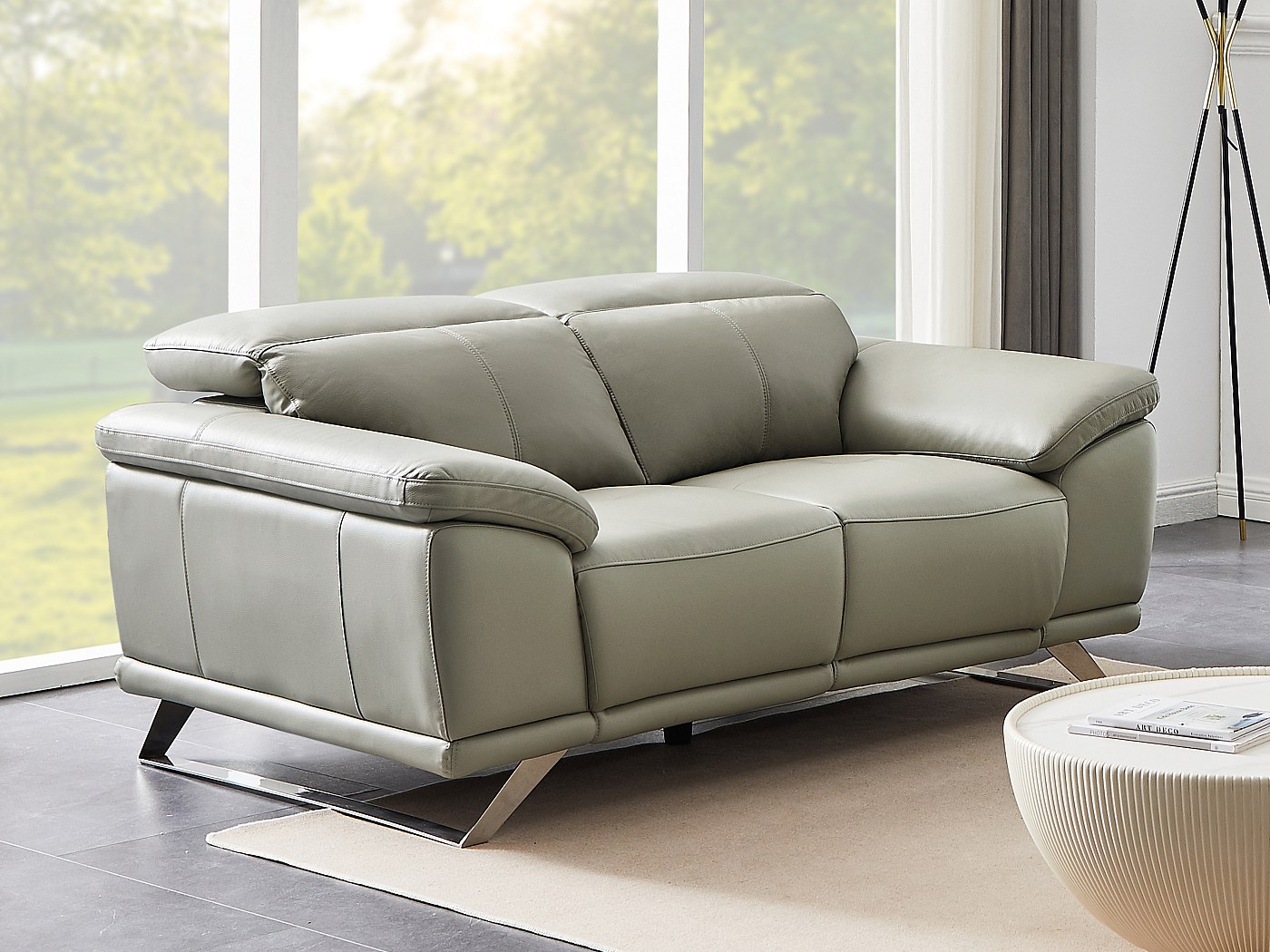 Sofá de 2 plazas de piel de becerro gris claro con reposacabezas AZIDEE II