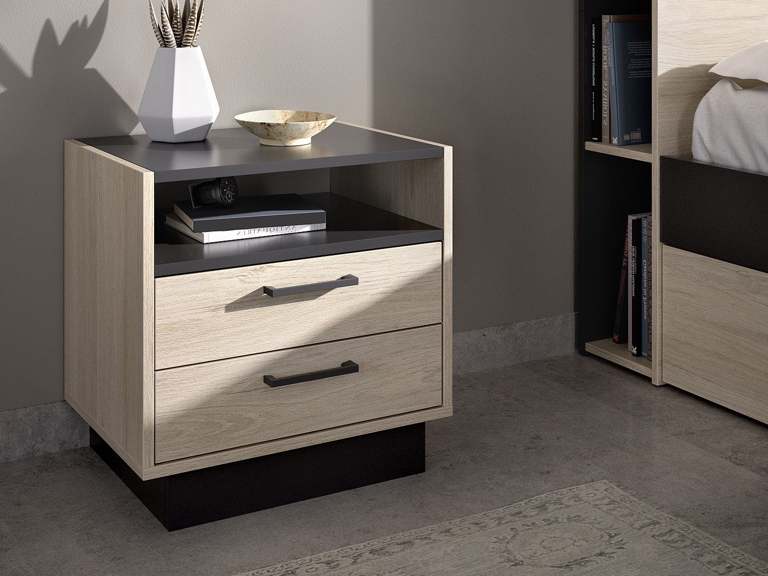 Nachttisch mit 2 Schubladen & 1 Ablage - Naturfarben & Anthrazit - LEANDRE günstig online kaufen