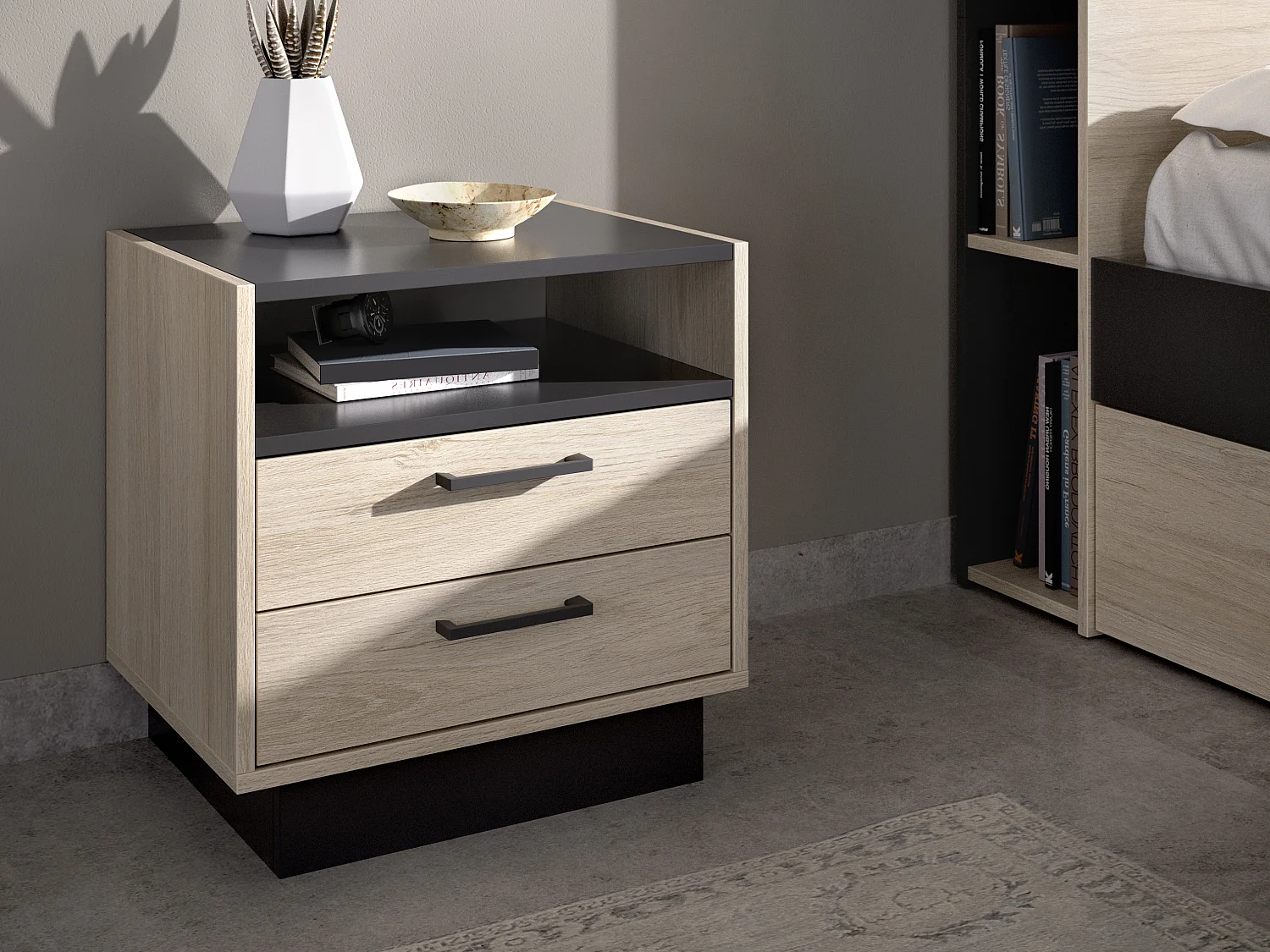Table de chevet 2 tiroirs et 1 niche - Coloris : Naturel et anthracite - LEANDRE