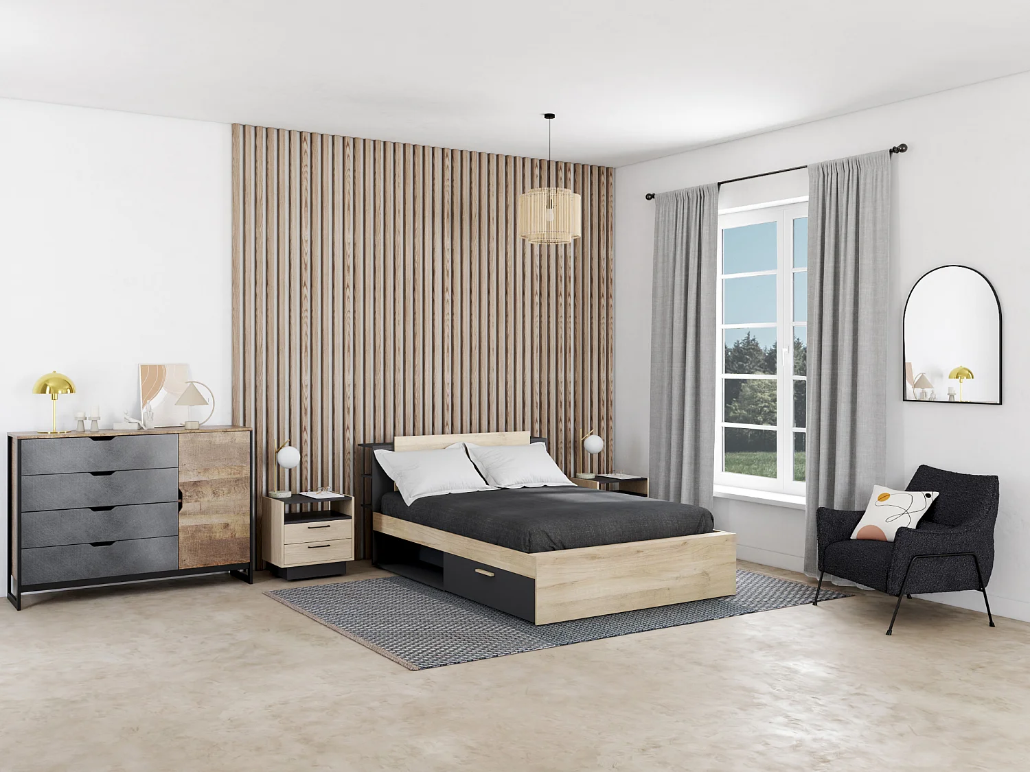 Table de chevet 2 tiroirs et 1 niche - Coloris : Naturel et anthracite - LEANDRE