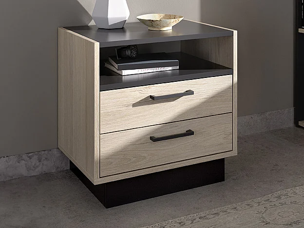 Table de chevet 2 tiroirs et 1 niche - Coloris : Naturel et anthracite - LEANDRE