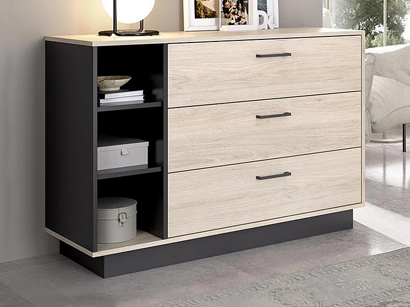 Commode 3 tiroirs et 3 niches - Coloris : Naturel et anthracite - LEANDRE