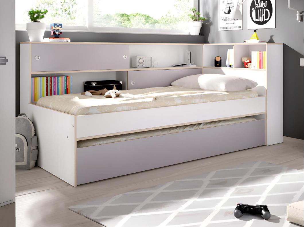 Cama dupla com espaços de arrumação de 90 x 200 e 90 x 190 cm cor branco e cinza - LOSIANA