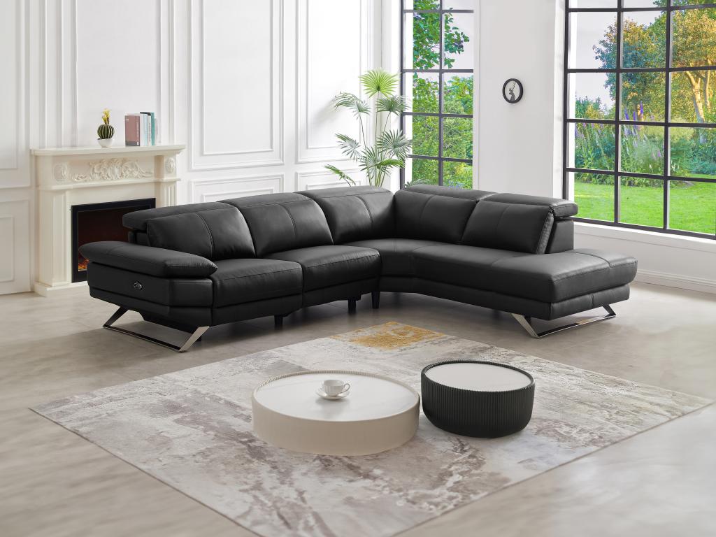 Canapé d'angle droit relax électrique en cuir de vachette noir PUNO II