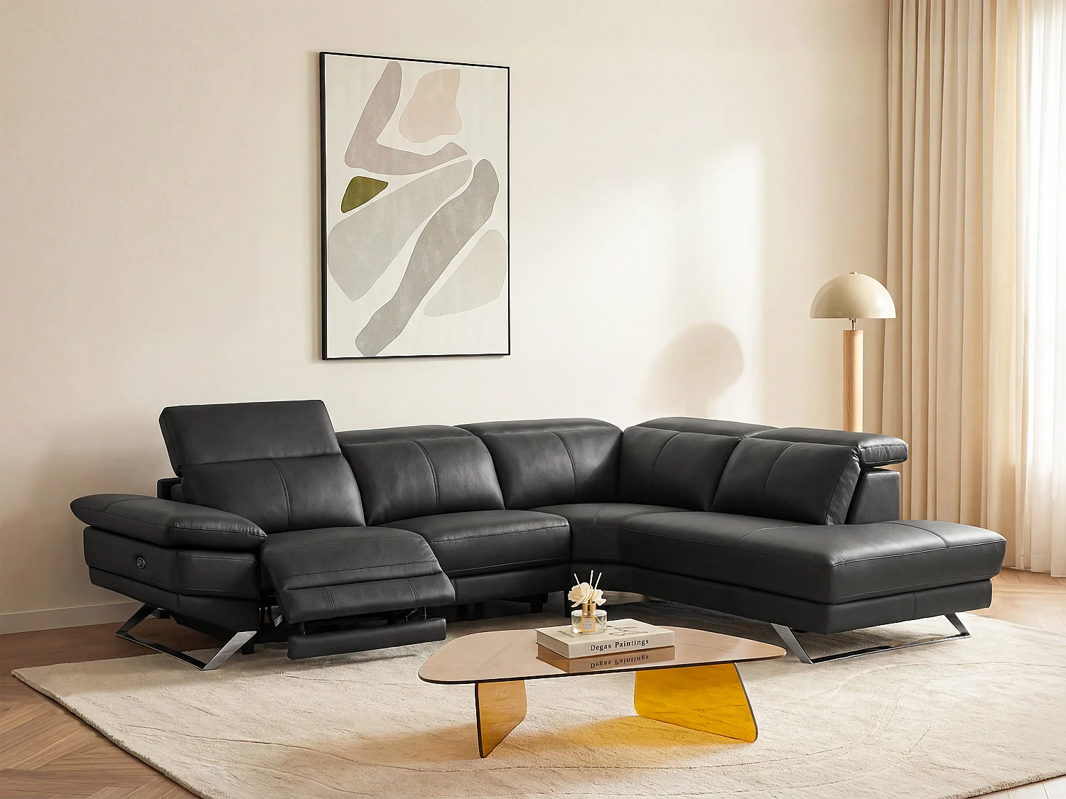 Ecksofa Relaxsofa elektrisch - Ecke rechts - Rindsleder - Schwarz - PUNO II