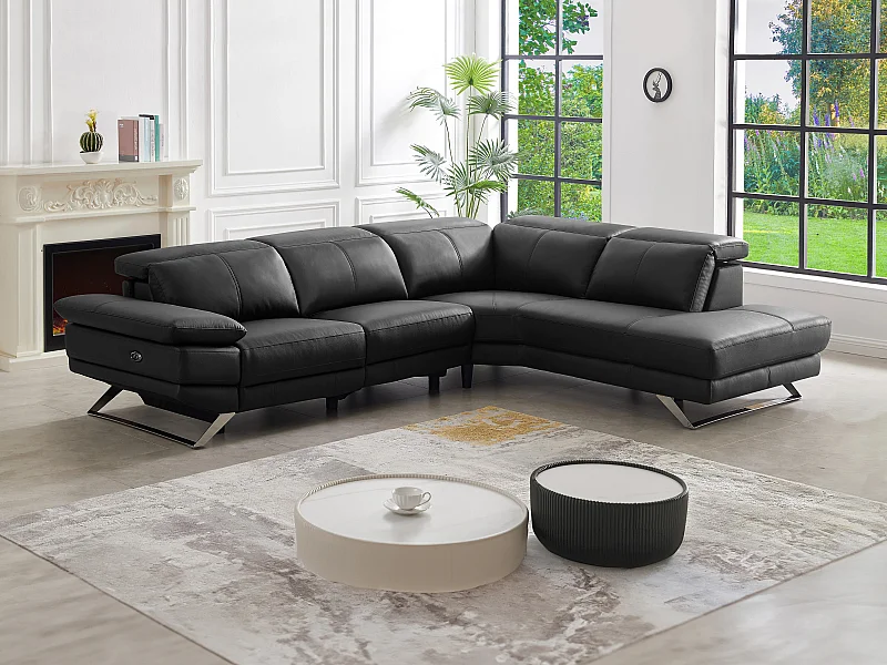 Canapé d'angle droit relax électrique en cuir de vachette noir PUNO II