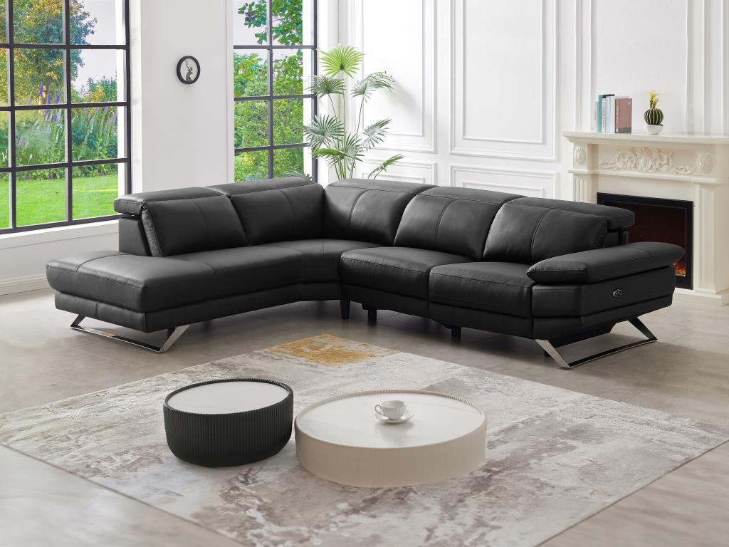 Canapé d'angle gauche relax électrique en cuir de vachette noir PUNO II