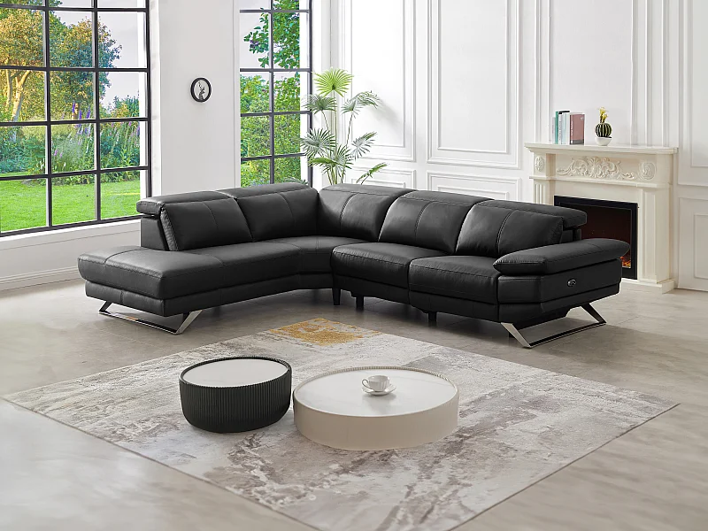 Canapé d'angle gauche relax électrique en cuir de vachette noir PUNO II