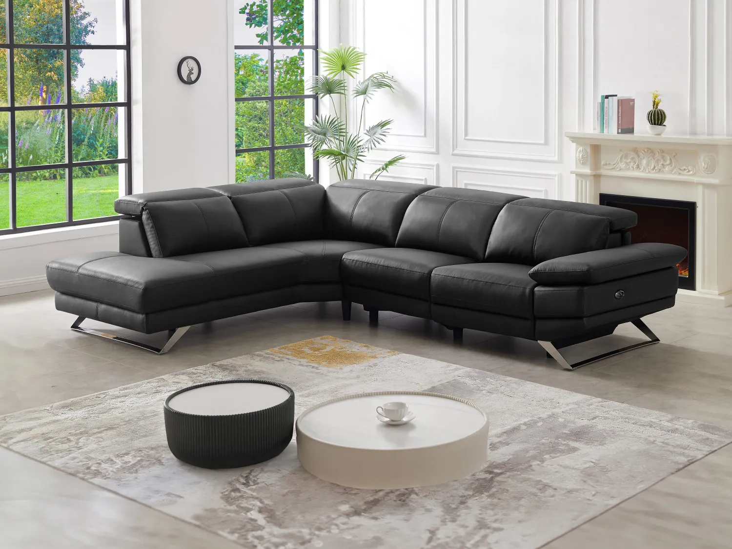 Canapé d'angle gauche relax électrique en cuir de vachette noir PUNO II