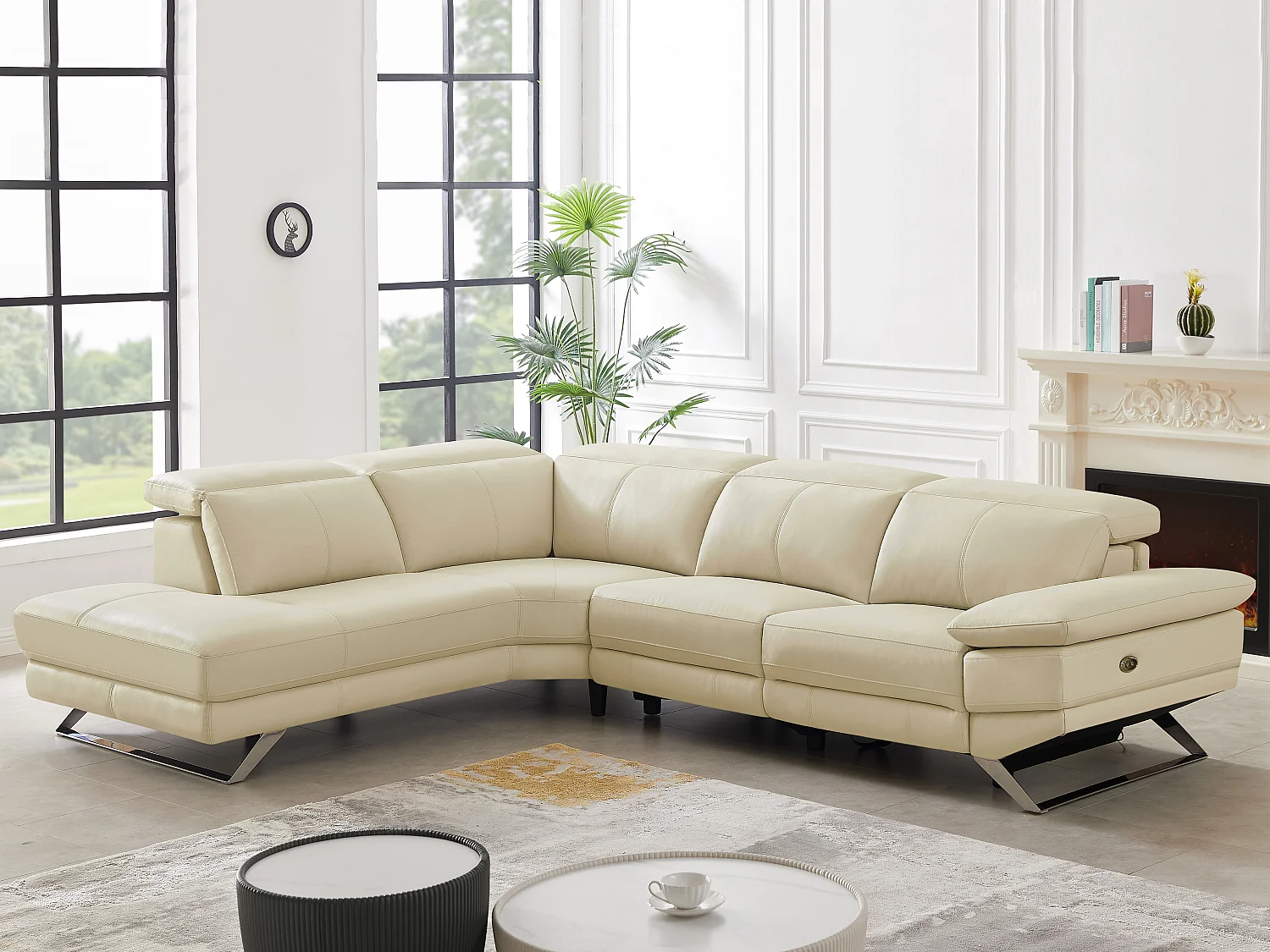 Canapé d'angle gauche relax électrique en cuir de vachette beige PUNO II