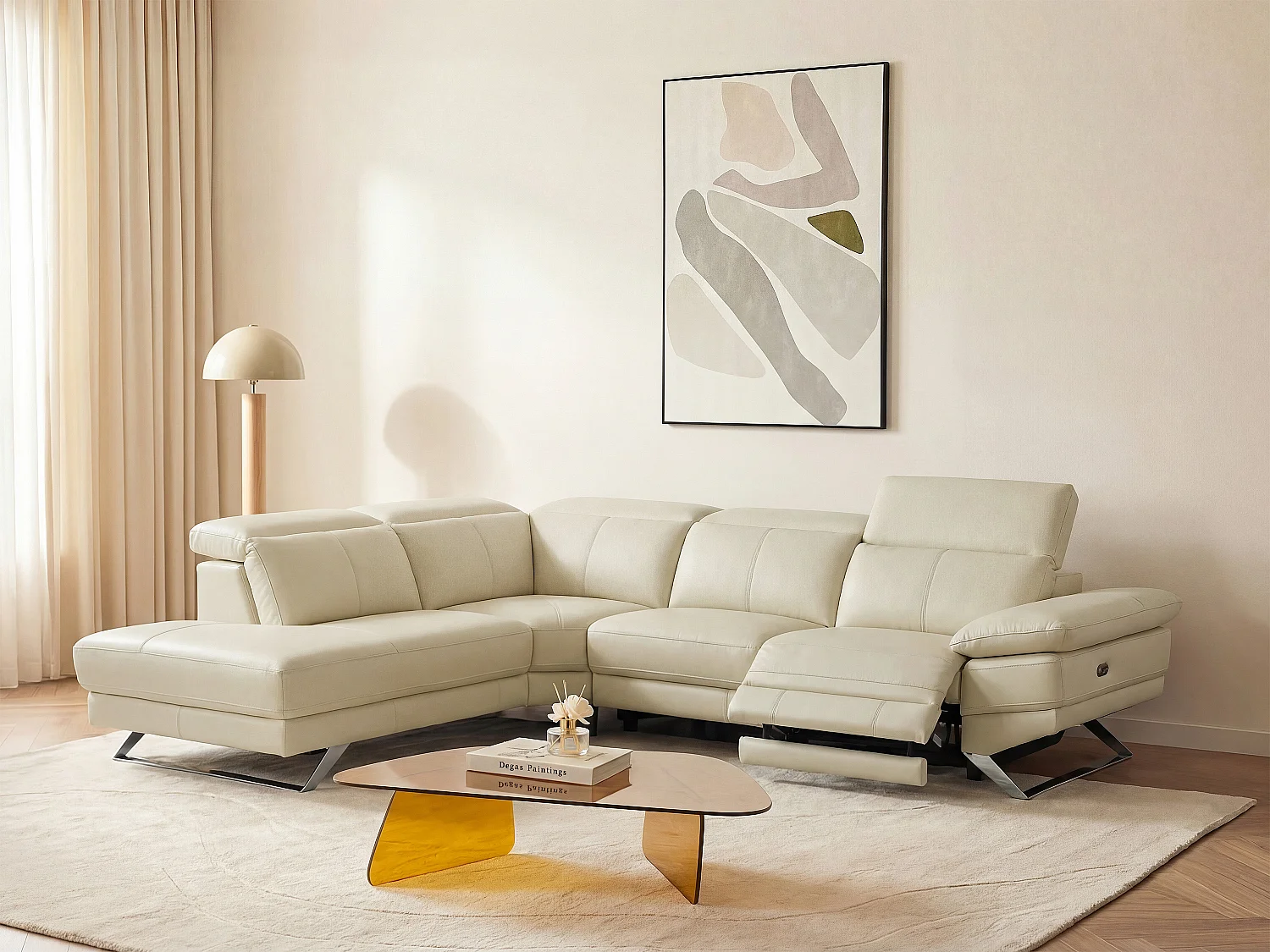 Canapé d'angle gauche relax électrique en cuir de vachette beige PUNO II