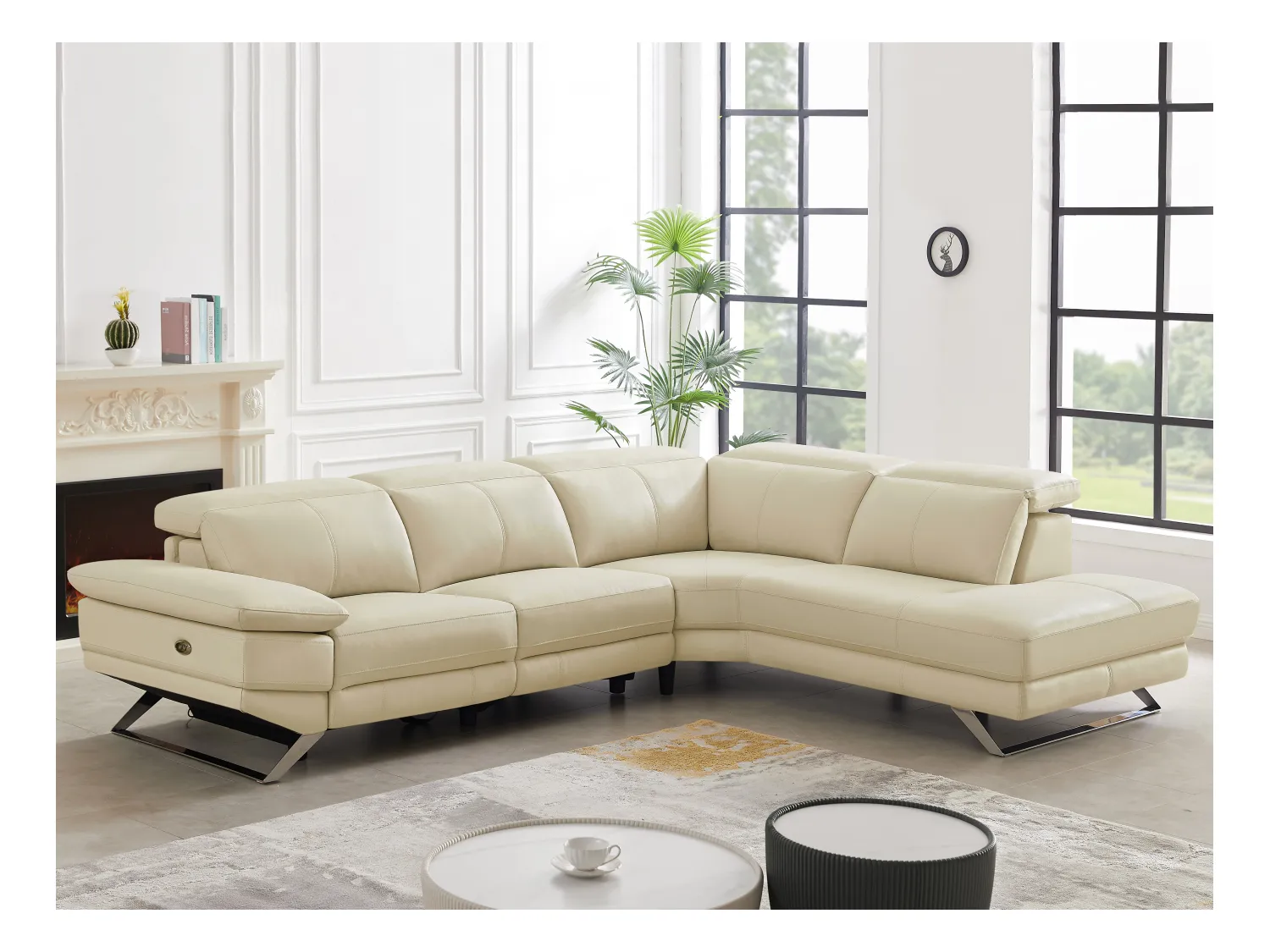 Canapé d'angle droit relax électrique en cuir de vachette beige PUNO II