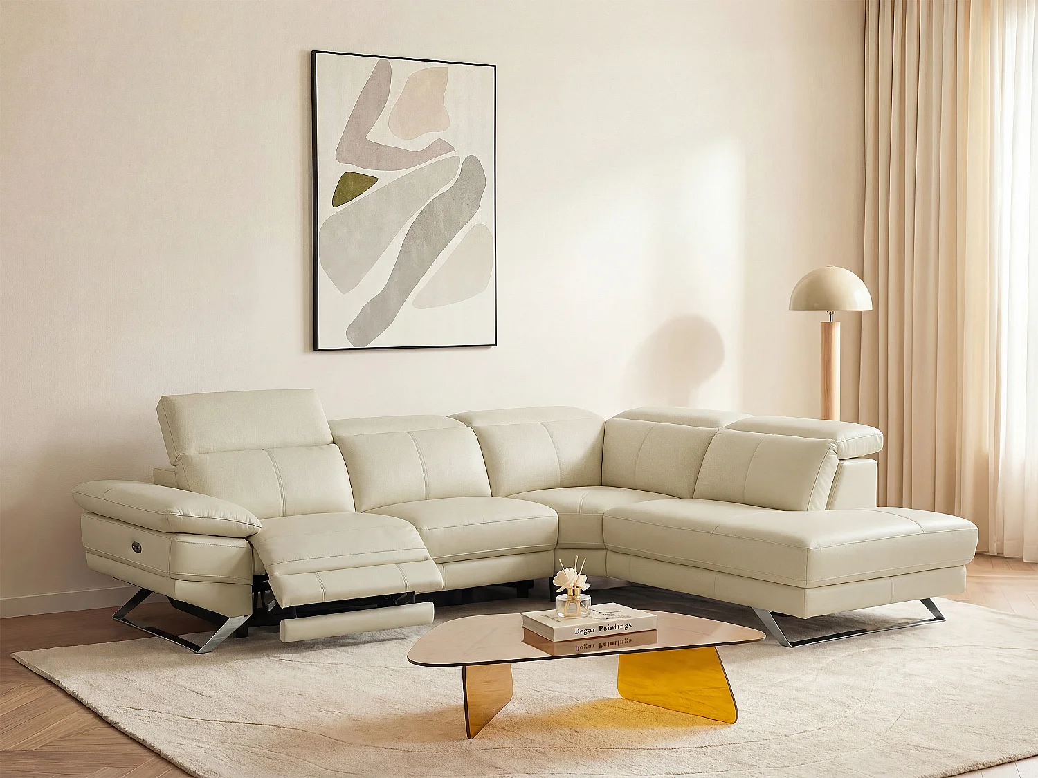 Kanapa narożna prawostronna z białej skóry z elektryczną funkcją relax PUNO II