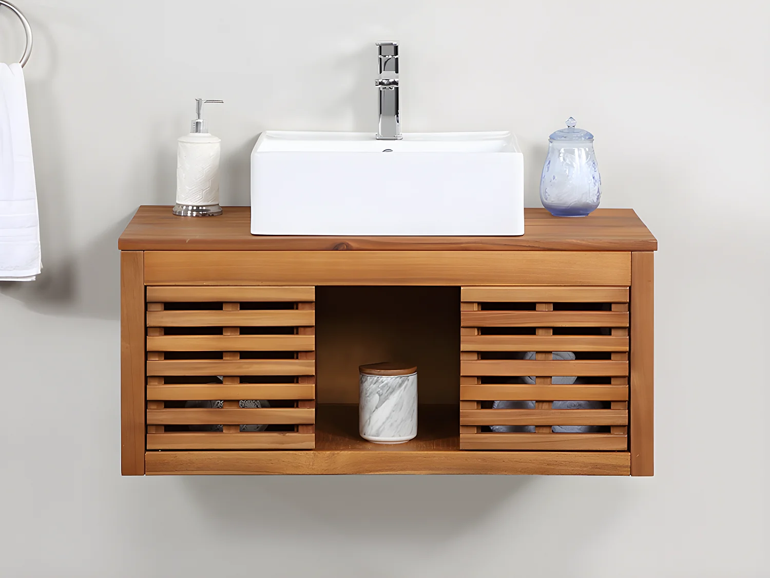 Meuble de salle de bain suspendu en bois d'acacia avec simple vasque - 90 cm  - PENEBEL