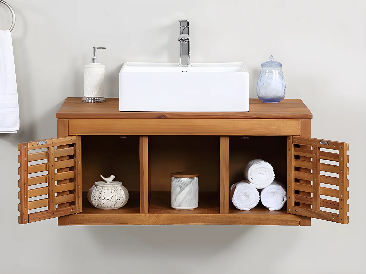 Meuble de salle de bain suspendu en bois d'acacia avec simple vasque - 90 cm  - PENEBEL