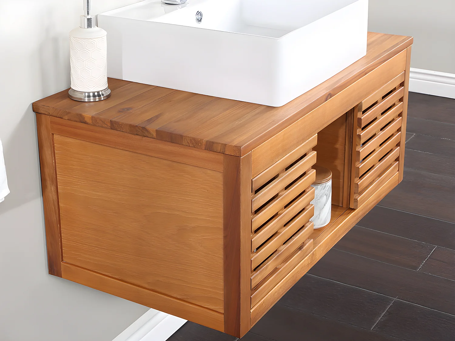 Meuble de salle de bain suspendu en bois d'acacia avec simple vasque - 90 cm  - PENEBEL