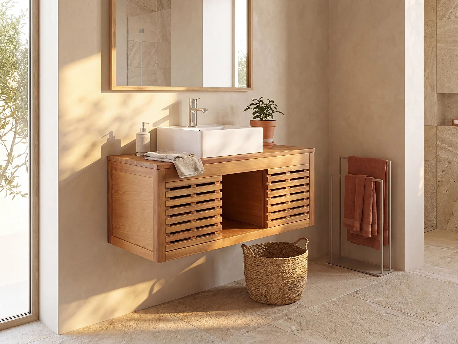 Meuble de salle de bain suspendu en bois d'acacia avec simple vasque - 90 cm  - PENEBEL