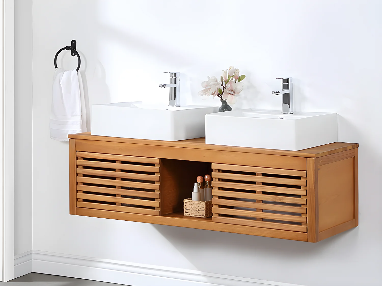 Meuble de salle de bain suspendu en bois d'acacia avec double vasque - 130 cm  - PENEBEL